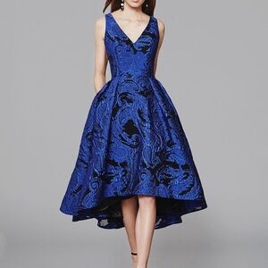 NWOT Frascara blue black evening dress prom gown midi high low mesh floral